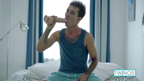 Inked Boy Noah stretches His saucy fuck hole With A Dildo! HD Gay movie